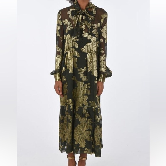 Saint Laurent Dresses & Skirts - Saint Laurent Black and Gold Floral Tie-Neck Maxi Dress